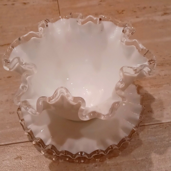 Vintage Ruffled Clear Milk Glass Bowl and Saucer - Picture 1 of 6